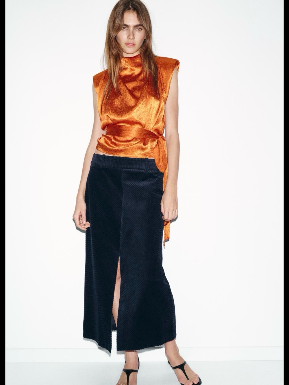 ZARA Blue Midi Corduroy Skirt with Front Slit